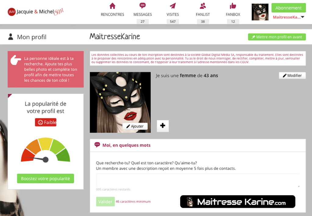 Profil de Maitresse Karine sur Jacquie et Michel SM